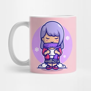 Cute Girl Drink Hot Coffee In Snow Cartoon Mug